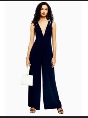 NWT Top Shop Deep V-Neck Wide-Leg Jumpsuit in Navy - Size 2